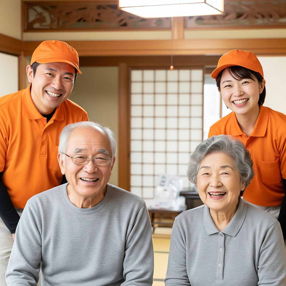 部屋の片付けが終わってお客様と記念写真を撮る遺品整理スタッフ